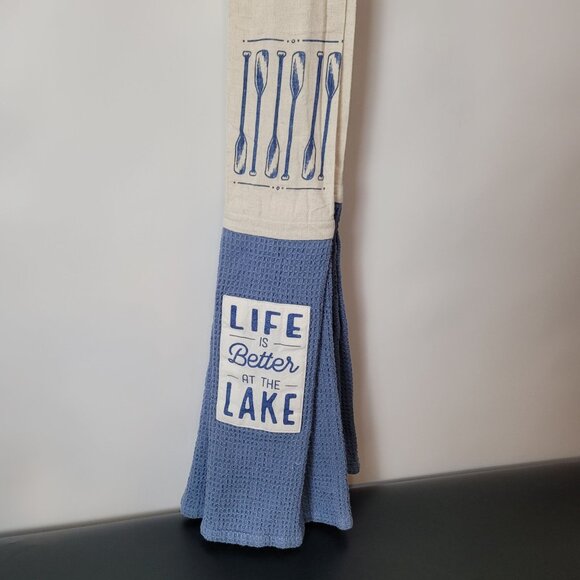 Life Is Better At The Lake Blue & Cream Cotton & Linen Kitchen Towel By DEMDACO - Picture 2 of 8